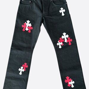 Chrome Hearts Black White & Red Cross Patch Jeans